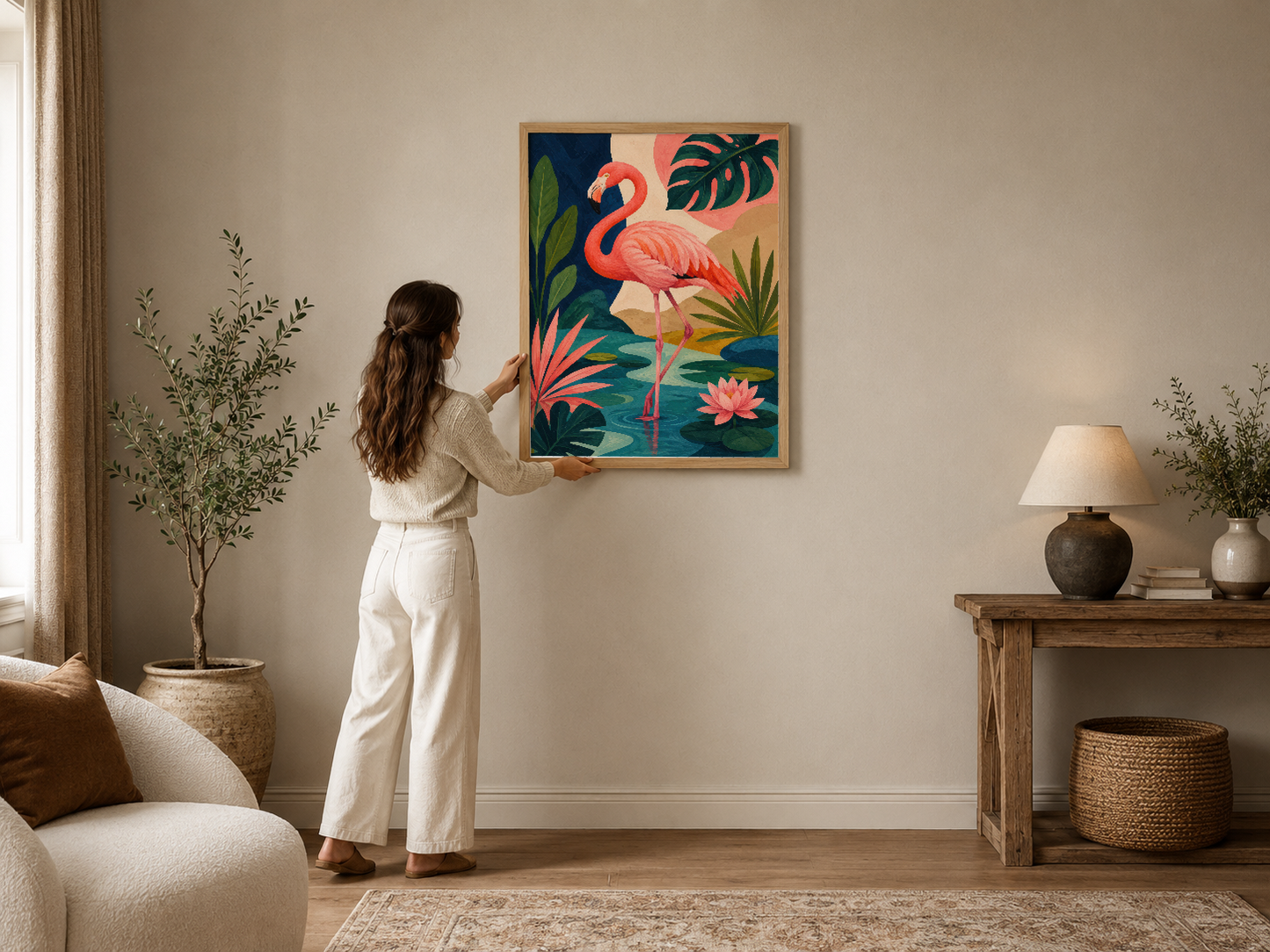 Canlı renkli flamingo ve tropik bitkileriyle süslenmiş modern sanat tablosu, ahşap çerçeveli ve klasik iç dekorasyona uyumlu.