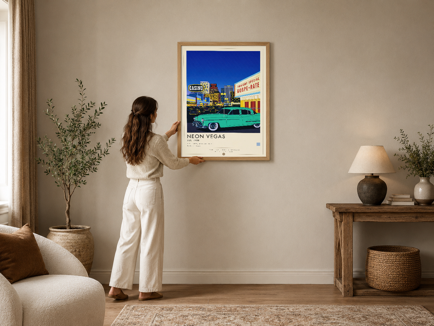 Neon Vegas posteri, retro stil tasarımla 1950s turquoise otomobil ve parlak casino neonlarını gösteriyor.