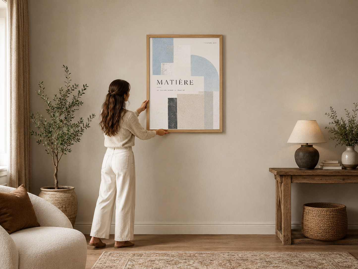 Matière soyut tasarımlı poster, doğal tonlarda geometrik şekillerle modern oturma alanında ahşap çerçeve içinde.