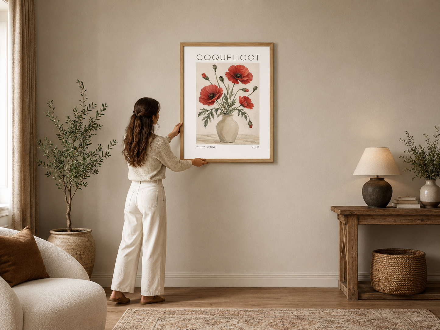 Kırmızı haşhaş çiçekleri beige vazo içinde, botanik tarzı Coquelicot tablosu çerçeveli duvar dekorasyonu.
