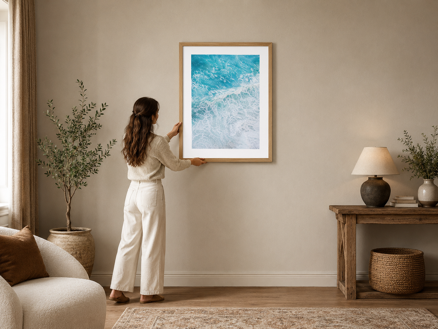 Turkuaz deniz dalgalarını gösteren sakin ve minimalist poster, ahşap çerçevede beige duvarı süslüyor.