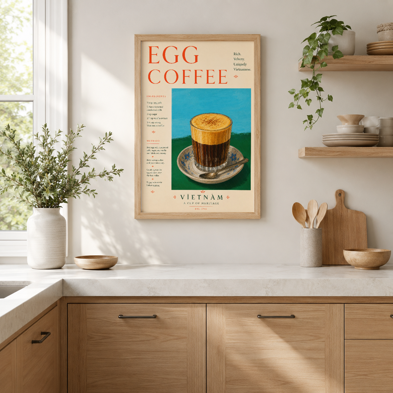 Vintage Egg Coffee posteri, Retro tasarım ve canlı renklerle Vietnam'ın efsanevi kahve kültürünü yalın, modern mutfakta sanat
