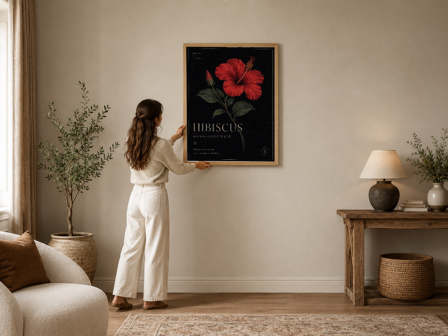Siyah zemin üzerine canlı kırmızı hibiskus çiçeği ve botanik detayları ile zarif tasarım.