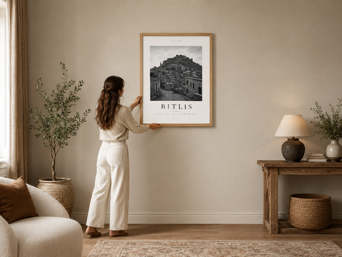 Bitlis şehri manzarası, siyah beyaz arşiv fotoğrafı, çerçeveli poster, modern oturma odasında kanepenin üstünde.