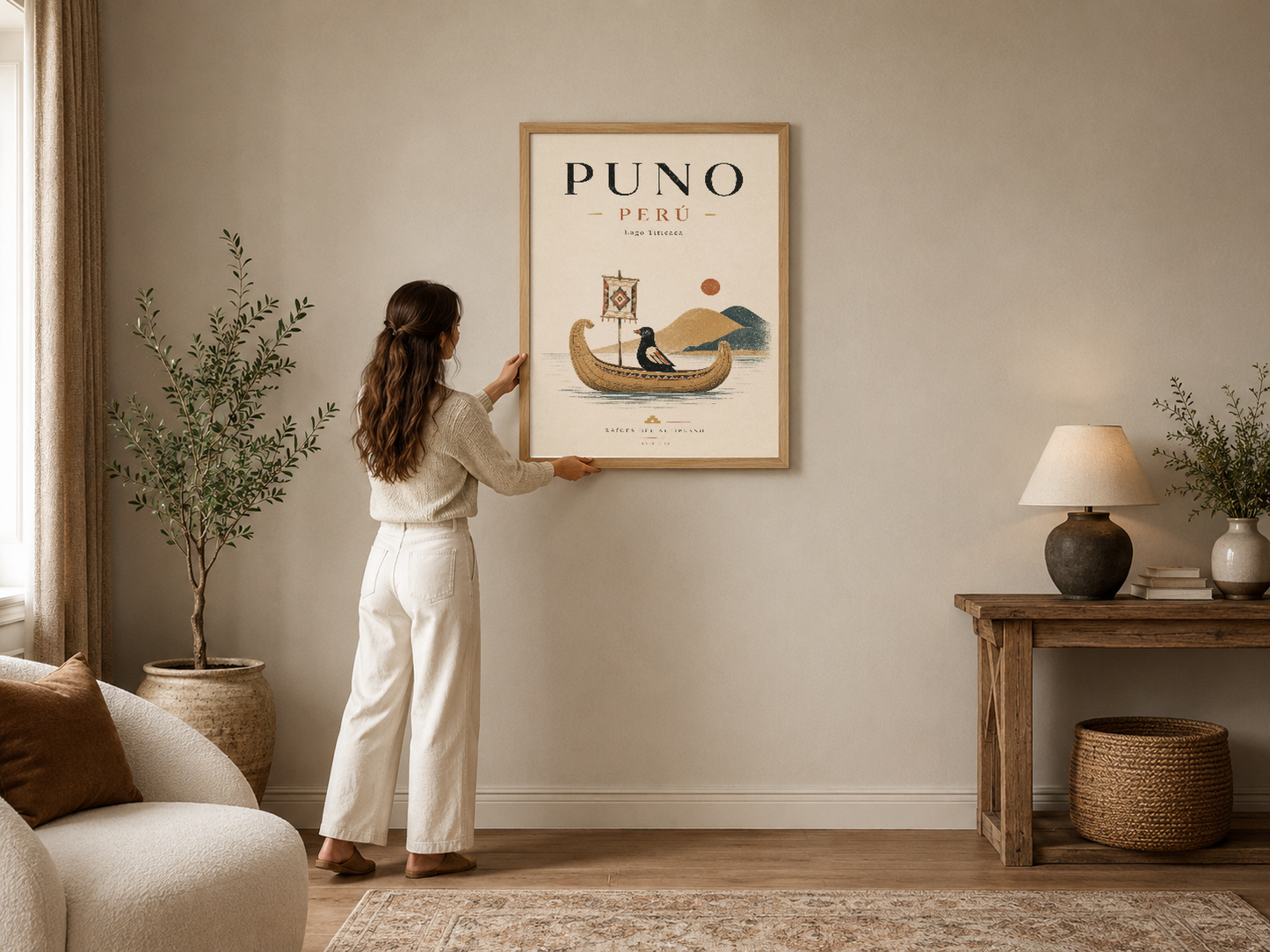 Puno Peru temalı vintage poster, ahşap çerçevede, rahat modern oturma odasının duvarında sergileniyor.