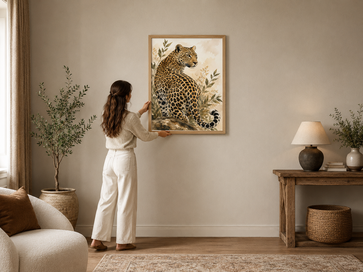 Leopar portresi, doğal tonlarla boyanmış botanik detaylarıyla ahşap çerçevede, modern oturma odasının duvarında.
