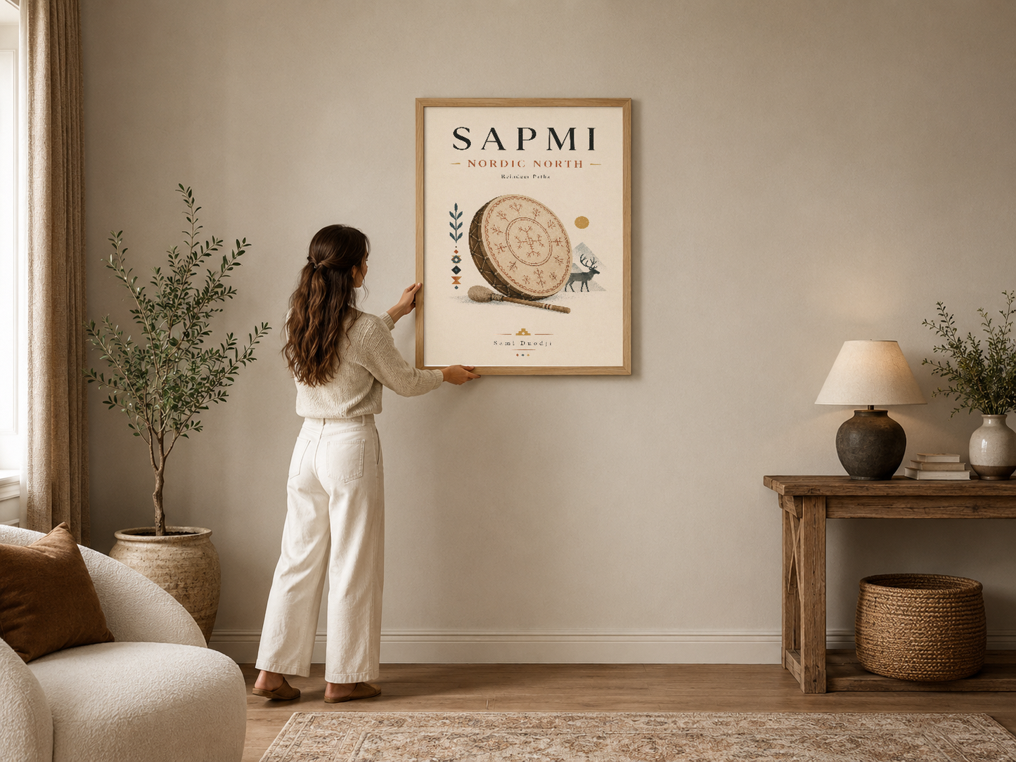 Sapmi Nordic North tema, Sami davulunun desenli modern posteri, ahşap çerçeve, zarif oturma odasında.