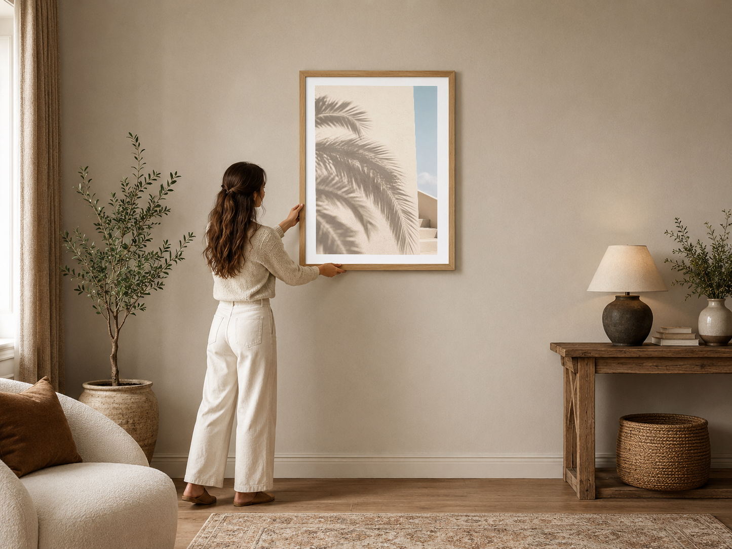 Palmiye yapraklarının gölgesini alan minimalist tablo, sıcak beige tonlarında ve açık mavi aksanlarıyla sakin bir atmosfer