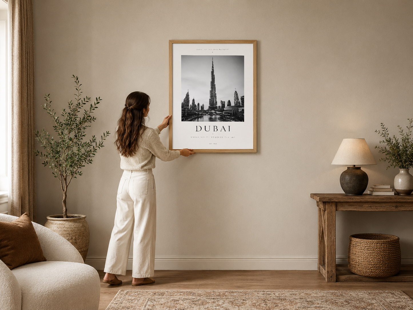 Dubai'nin ikonik Burj Khalifa silüeti siyah beyaz çerçeveli poster, modern minimalist oturma odasında.