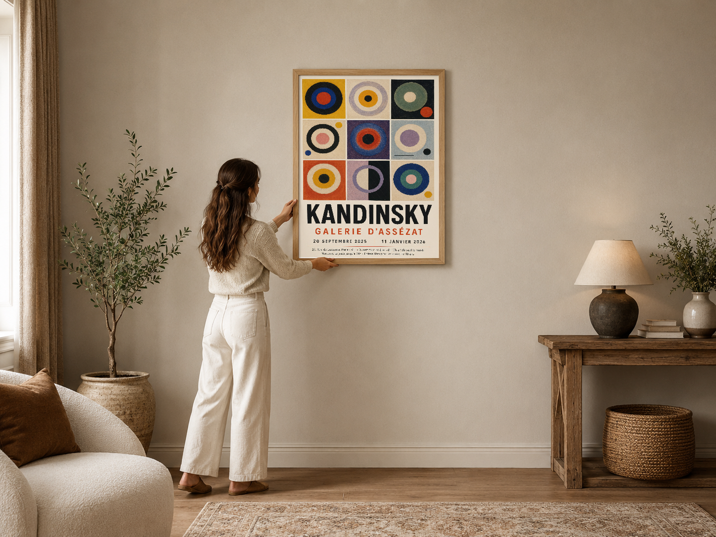 Kandinsky'nin ikonik renkli daire deseni, ahşap çerçeveli poster, modern salon dekorasyonunda asılı.