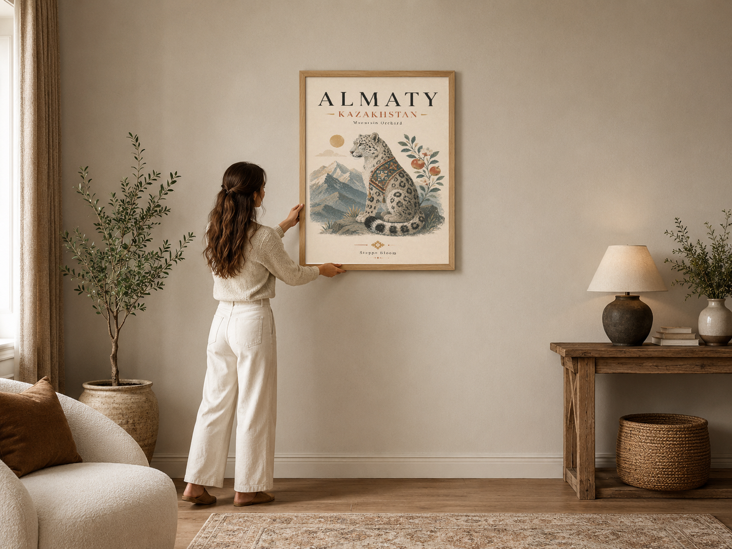 Almaty, Kazakistan temalı vintage poster, çerçeveli, dağ ve leopar illüstrasyonu ile modern oturma odasını süsleyen sanat
