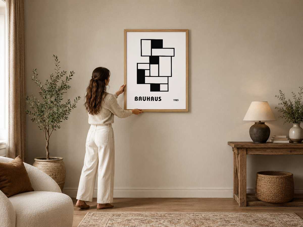 Bauhaus geometrik soyut tasarım, ahşap çerçeveli poster modern oturma odasında şık duvar dekorasyonu.