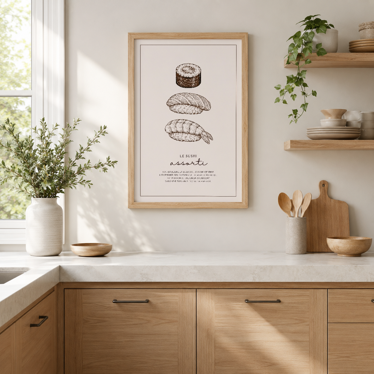 Ahşap çerçeveli sushi assortisi tablosu, modern mutfak dekorasyonunda doğal ışıkla sergilenen şık sanat eseri.