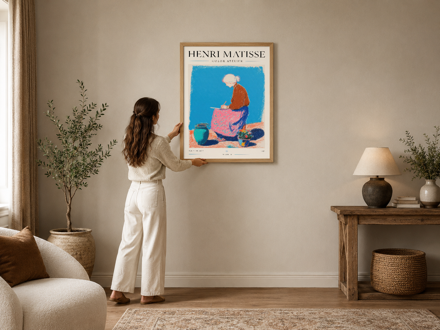 Henri Matisse Color Atelier tablosu, ahşap çerçeveli, modern oturma odasının duvarında sanat eseri olarak sergileniyor.