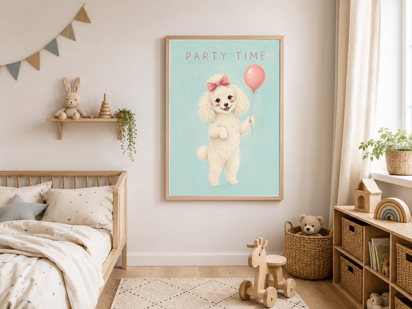 Beyaz pudle köpeğinin pembe balonla kutlama sahnesi, turkuaz arka funda, çocuk odasında ahşap çerçevede.