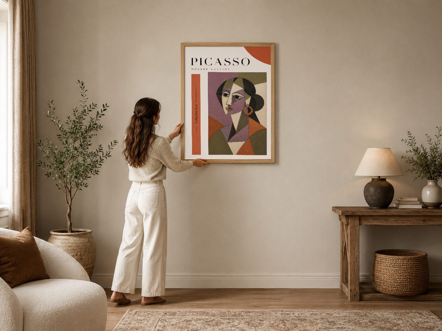 Picasso Modern Gallery posteri, canlı turuncu ve mor tonlarıyla geometrik bir kadın portresi sunan çağdaş sanat tablosu.