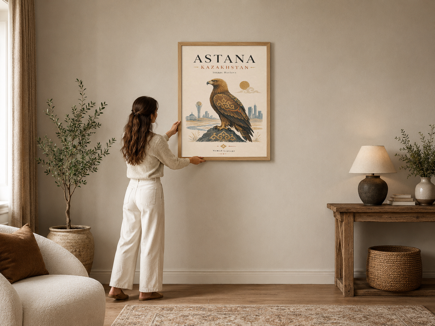 Astana şehrinin sembolü olan kartal ve siluetini içeren vintage stil poster, çerçeveli olarak modern bir oturma odasında