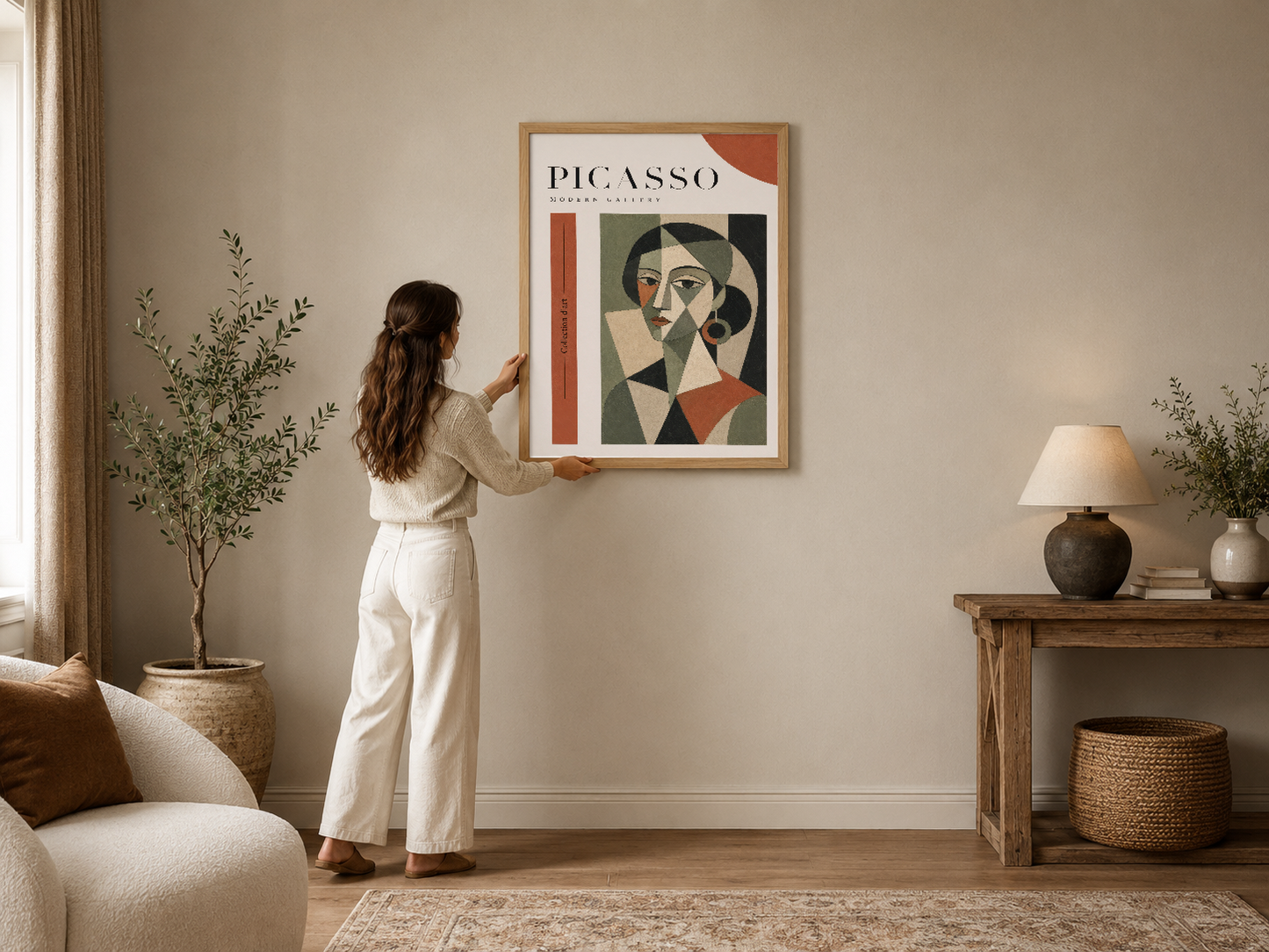 Picasso Modern Gallery posteri, kübist portre sanatı, geometrik yüz tasarımı, turuncu siyah ve yeşil renk paleti, çerçeveli