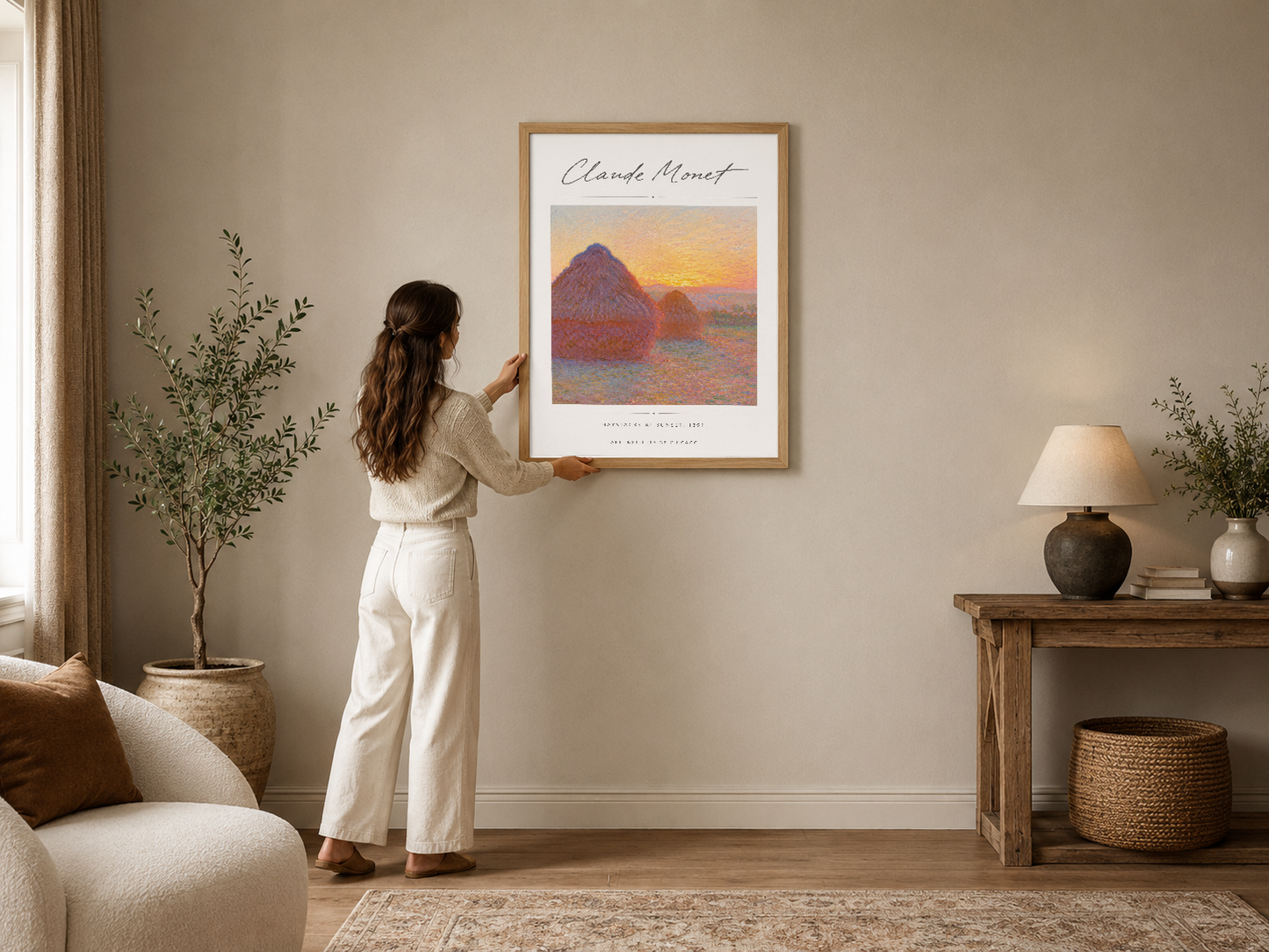 Claude Monet'nin İç Bendler tablosu, ahşap çerçeveli poster, sıcak renklerle boyalı buğday balyaları ve gün batımı manzarası.