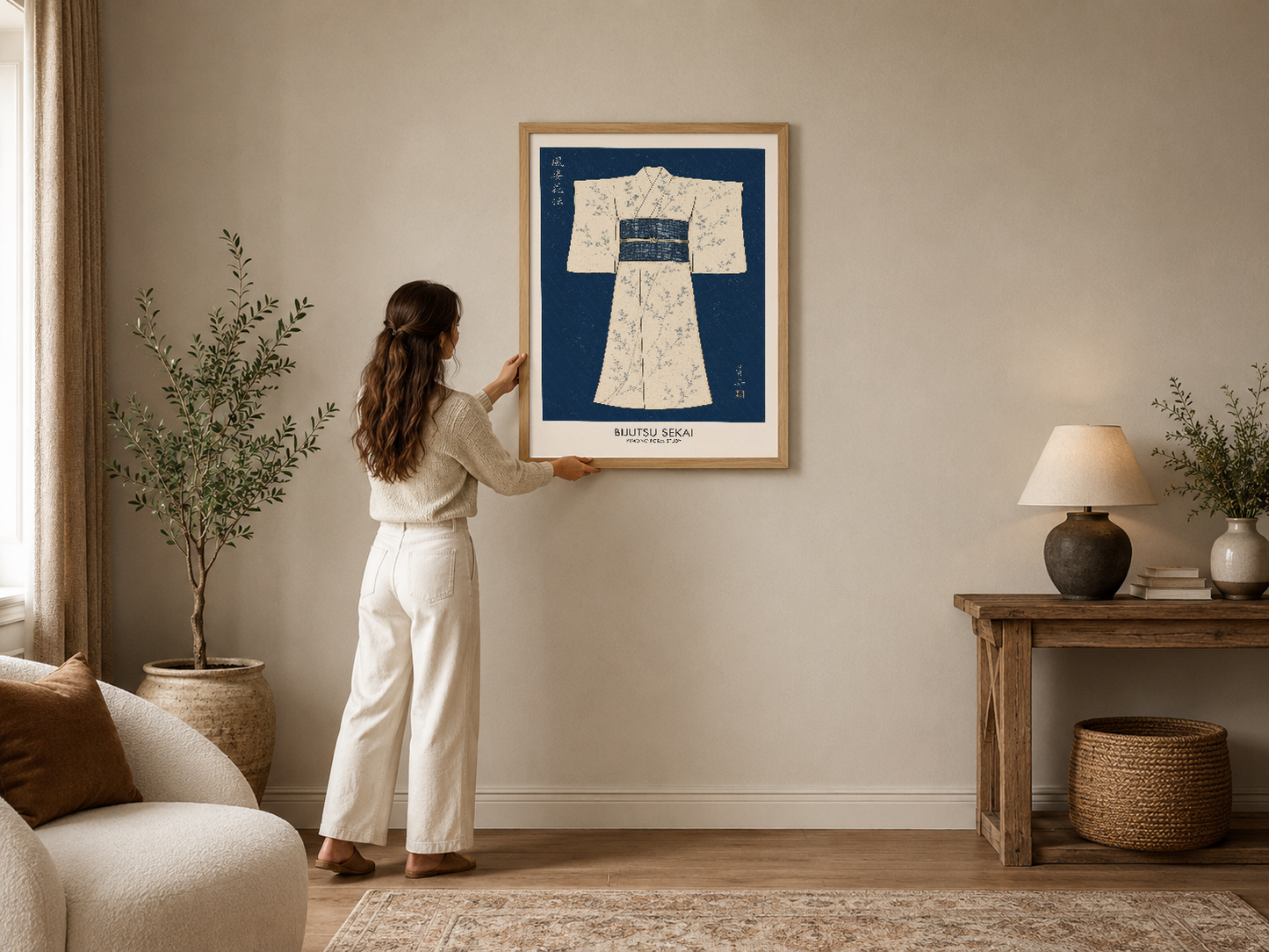 Vintage Japon kimono tasarımı, koyu mavi zemin üzerine krem renkli kumaş deseni ve geleneksel detaylar içeren sanat tablosu.