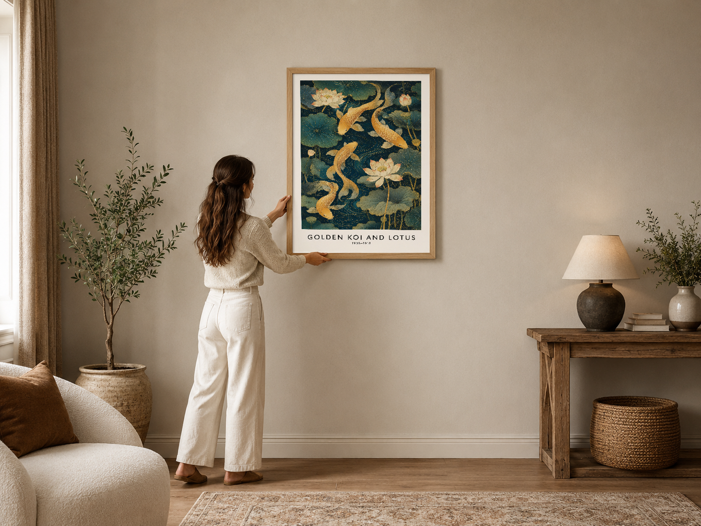 Altın koi balıkları ve lotus çiçekleriyle donatılmış Doğu-ilham tasarımlı zarif poster, çerçeveli.