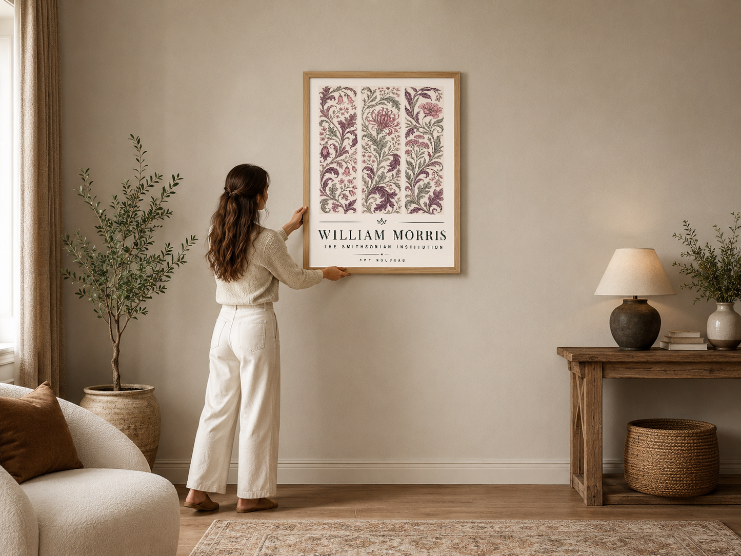 William Morris botanik desenli poster, ahşap çerçevede, zarif oturma odasında sanat koleksiyonunun parçası.