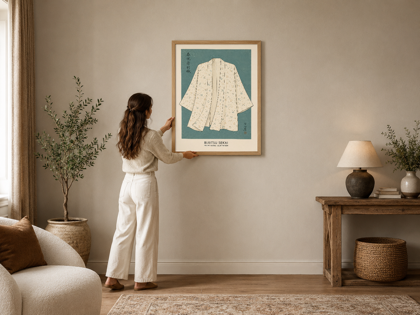 Japonca karakterli ve vintage stil keten giysi tasarımı, mütevazı oturma odasının duvarını süsleyen çerçeveli poster.