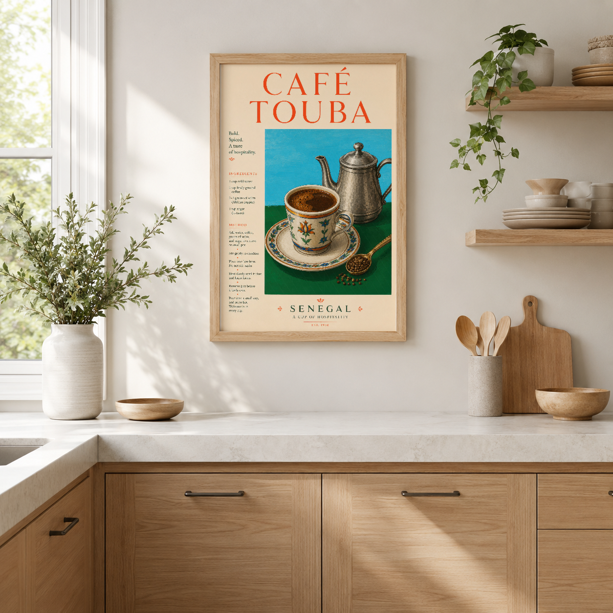 Senegal kahve kültürünü kutlayan retro stilde Café Touba posteri, ahşap çerçevede mutfak duvarında.