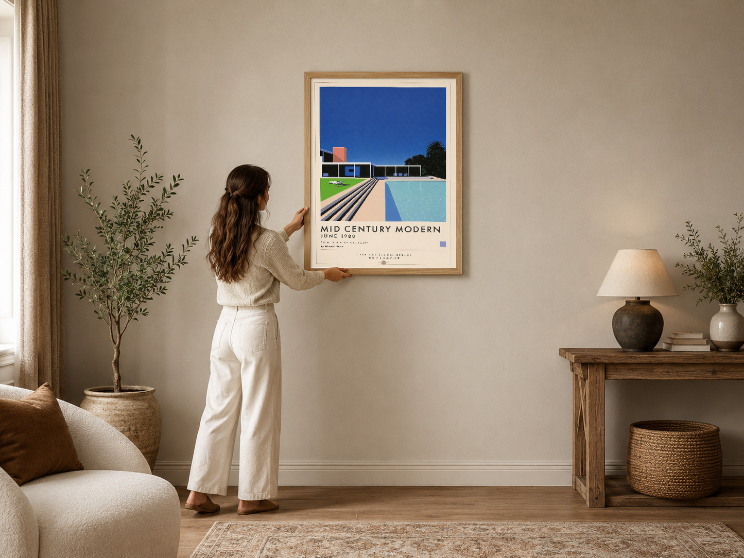 Mid Century Modern mimarisini gösteren geometrik çizgiler ve canlı renklerle tasarlanmış zarif poster, çerçeveli.