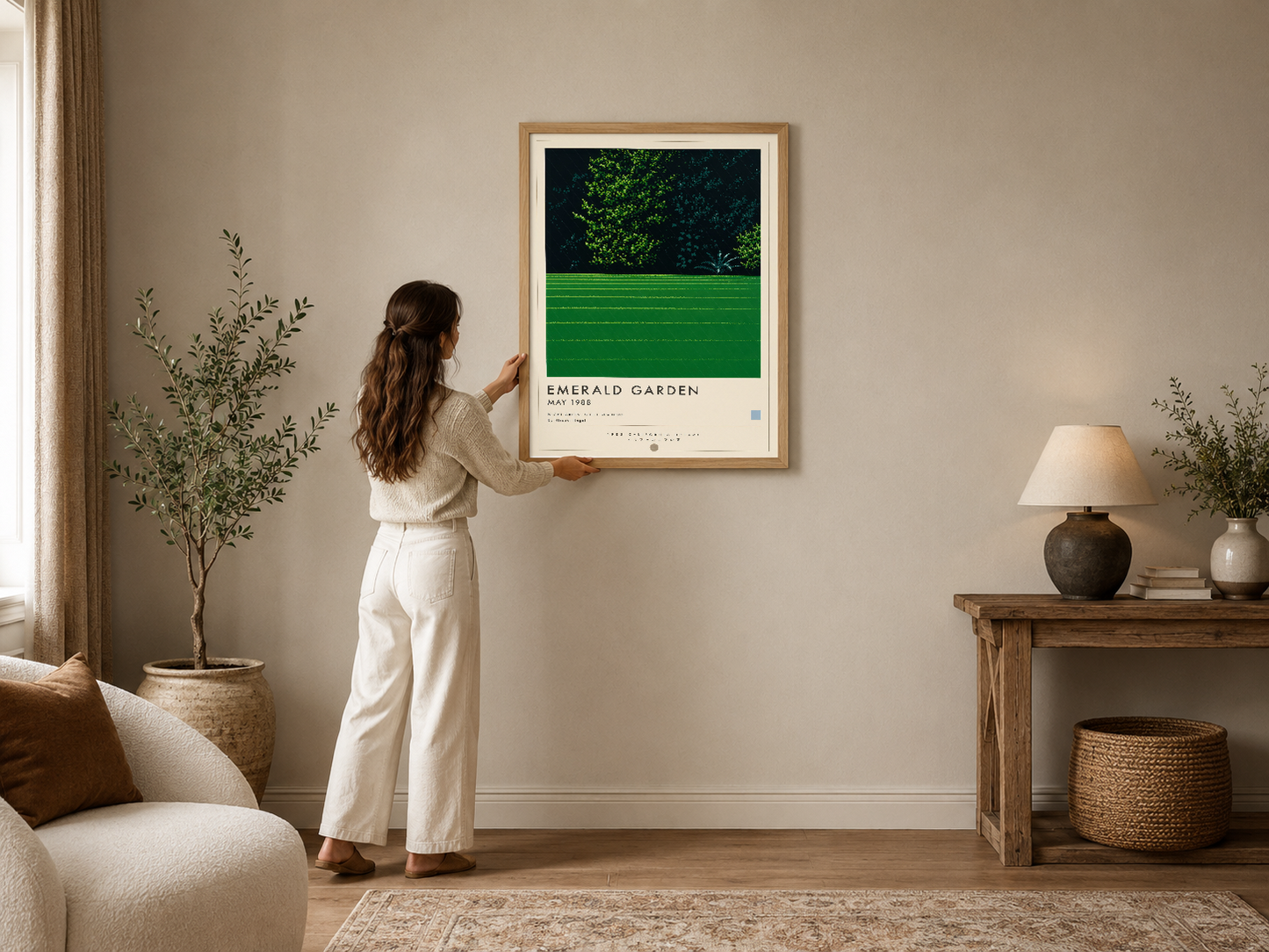 Emerald Garden modern poster, doğa temalı yeşil ve siyah tasarımı ile minimalist oturma odalarına zarafet katan çerçeveli