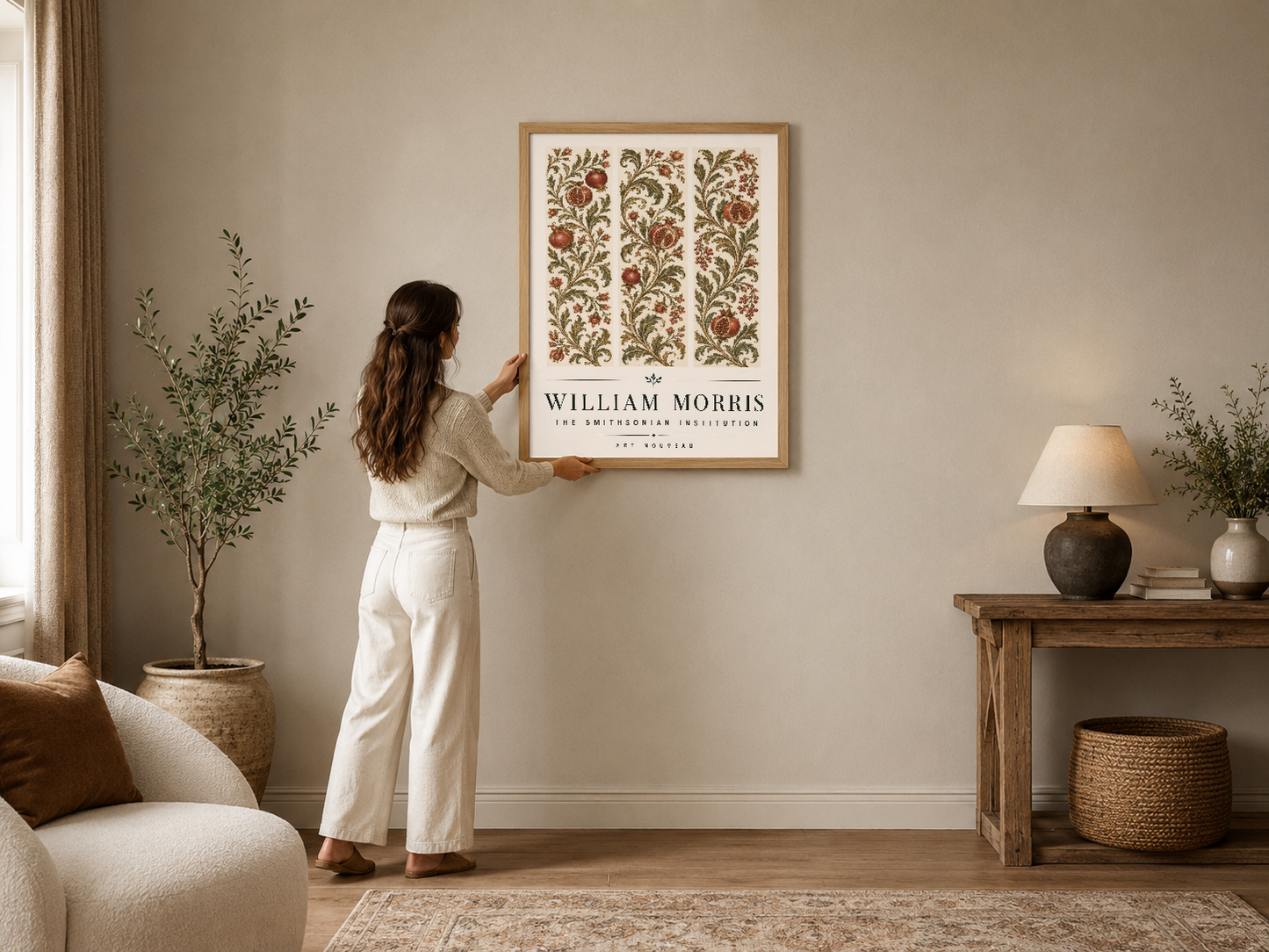 William Morris'in klasik botanik desenli çerçeveli poster, minimalist oturma odasının duvarını şıklı ve sanatsal dokunuşla