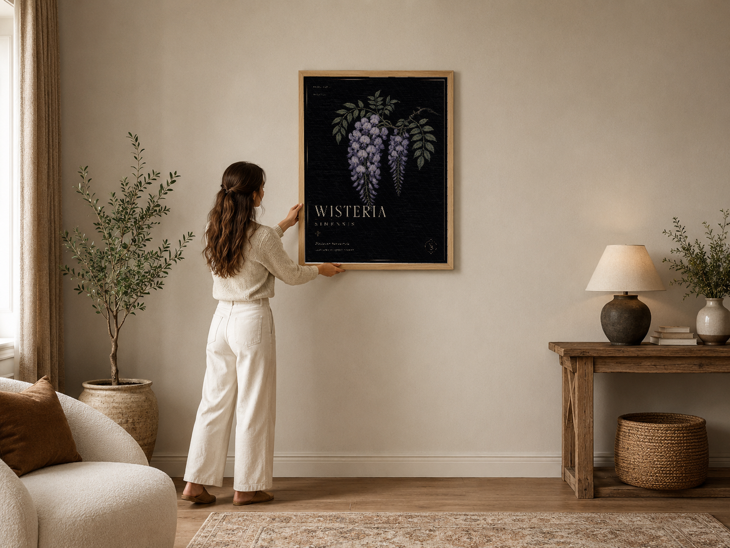 Wisteria botanik tablosu, sıcak tonlu oturma odasında ahşap çerçevede, zarif mor çiçek tasarımıyla.