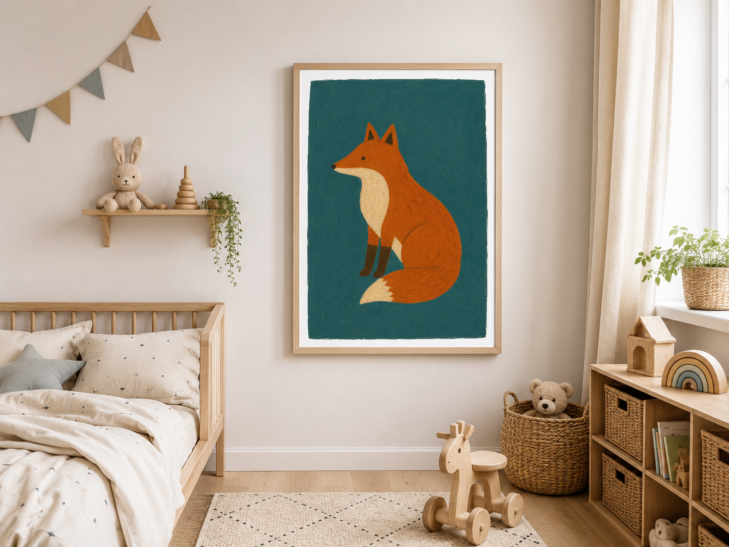 Turuncu tilki figürü açık yeşil fonda, çocuk odasında ahşap çerçevede asılı modern stil sanat tablosu.