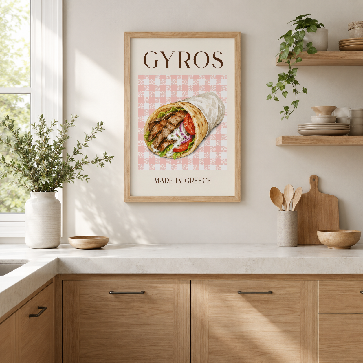 Gyros başlıklı, pembe kareli arka plan üzerine lezzetli döner görseli ve Made In Greece yazılı zarif mutfak tablosu.