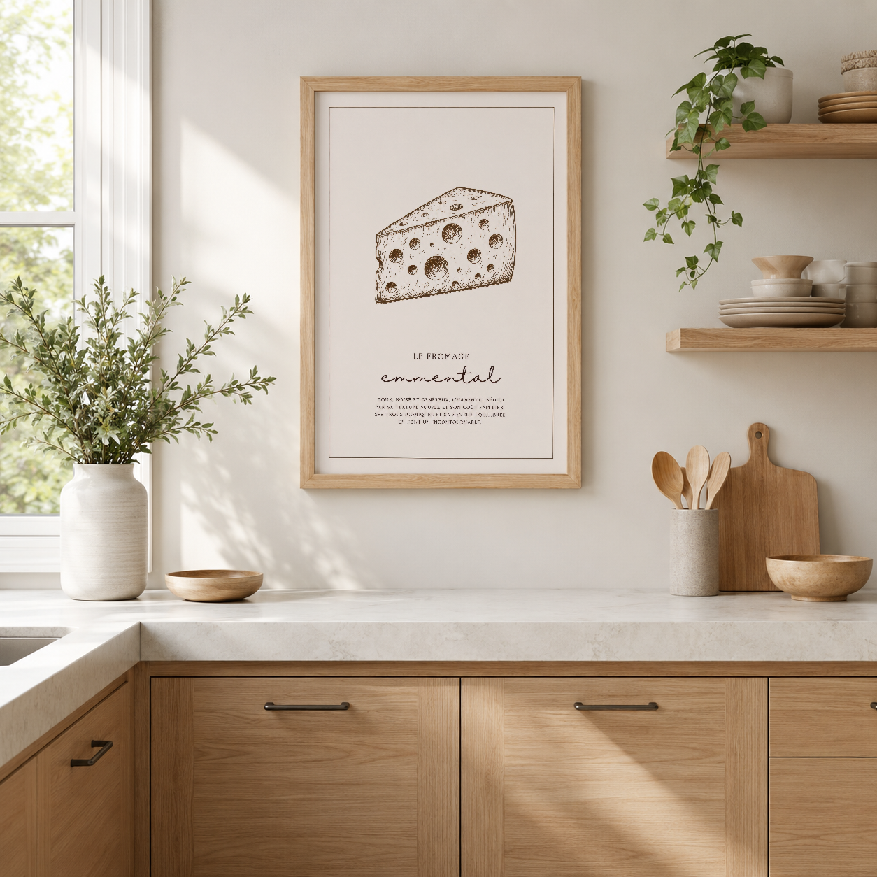 Peynir çizimi ve Le Fromage Essentiel yazısı bulunan rustik stilden ahşap çerçeveli duvar tablosu, modern mutfak