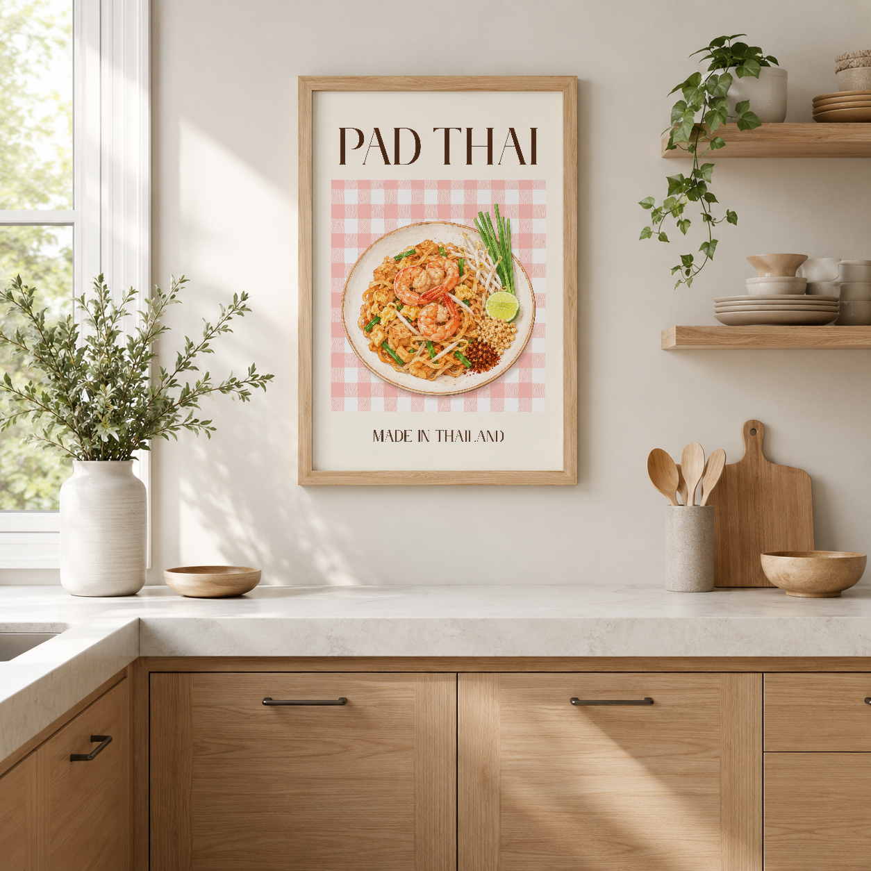 Pad Thai tablosu, pembe kareli arka plan üzerine lezzetli çeşnili noodle yemeğinin tasarımı, masaüstü dekorasyonunda ahşap