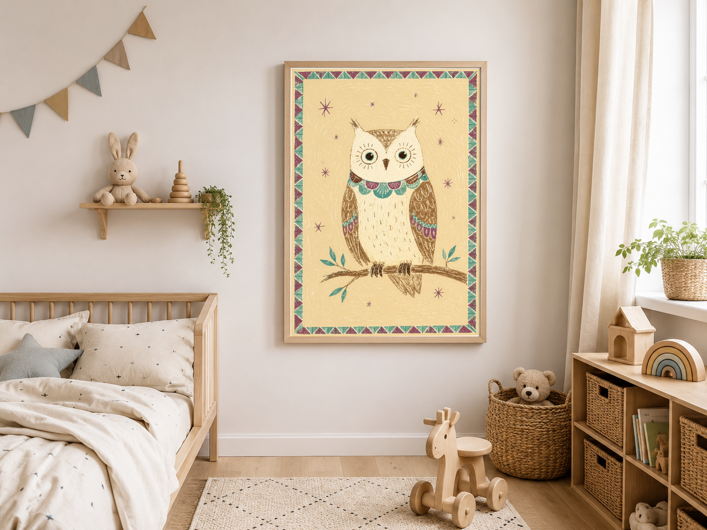 Boho tarzı sarı çerçeveli baykuş tablosu, çocuk odasında duvarında sergilenen sıcak ve tatlı dekoratif poster.
