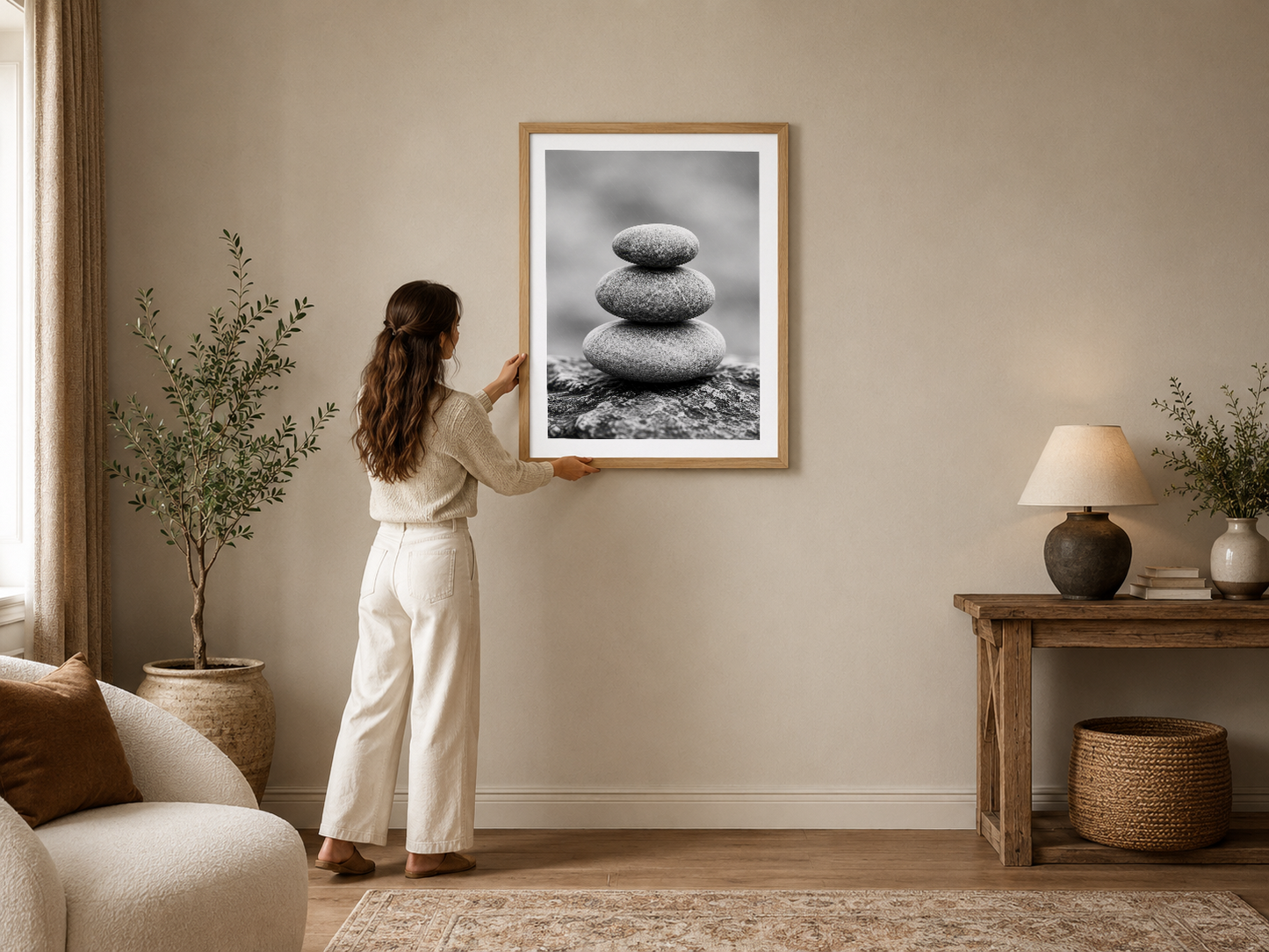 Dengeli taşlar duvar tablosu, ahşap çerçeveli versiyonunda modern oturma odasının merkezinde serene bir atmosfer yaratıyor.
