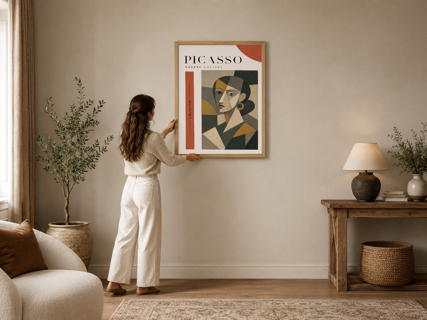 Picasso Modern Gallery afişi, soyut yüz portresiyle çağdaş bir oturma odasını kübist sanatsal dokunuşla süsler.