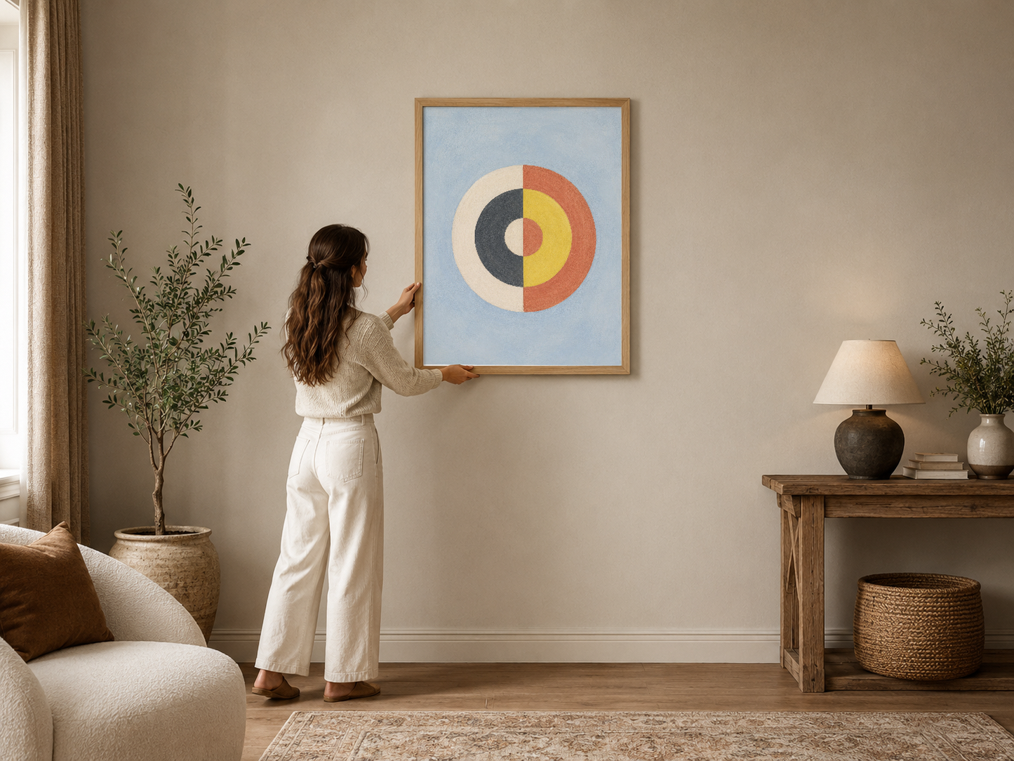 Geometrik daire tasarımı mavi arka fonda, sıcak tonlarla dekore edilmiş modern oturma odasında ahşap çerçevede.