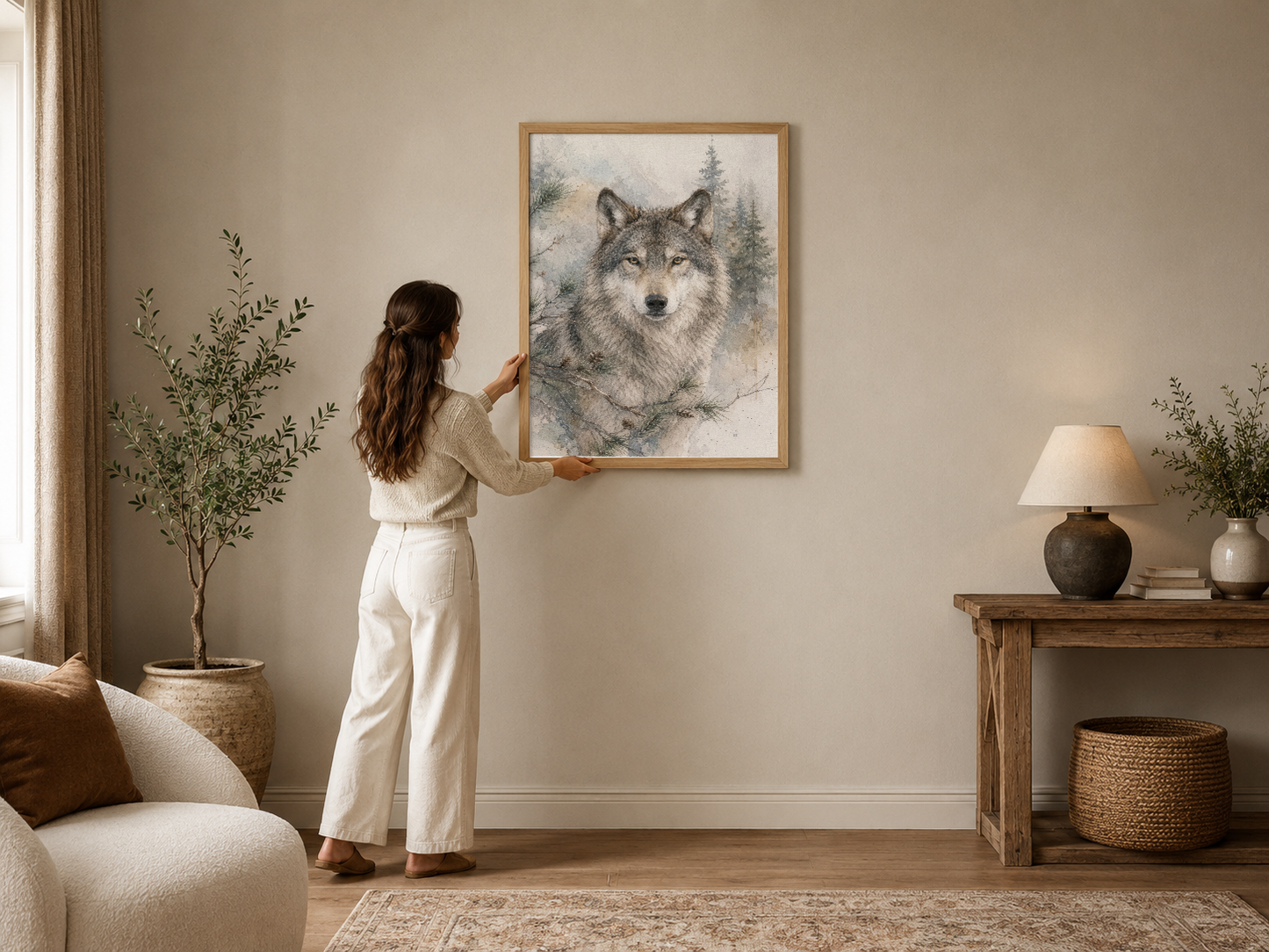 Orman ortamında kurt portresi yapan çerçeveli tablo, doğal renk tonlarıyla modern oturma odasını tamamlayan sanat eseri.