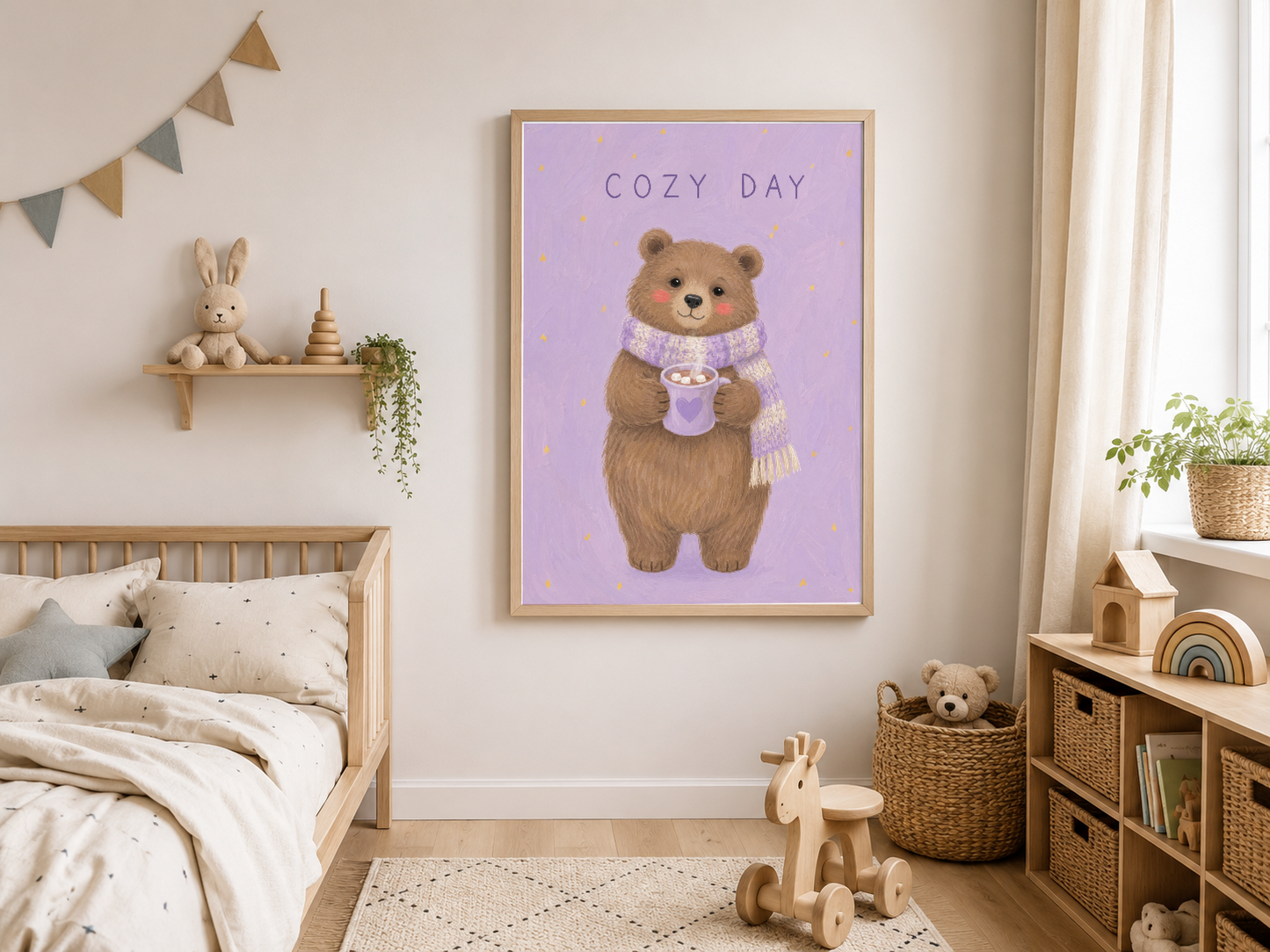 Lila arka fundada sıcak kahveli bir ayı çiçekli kazak giyerek fincan tutuyor, Cozy Day yazılı poster.