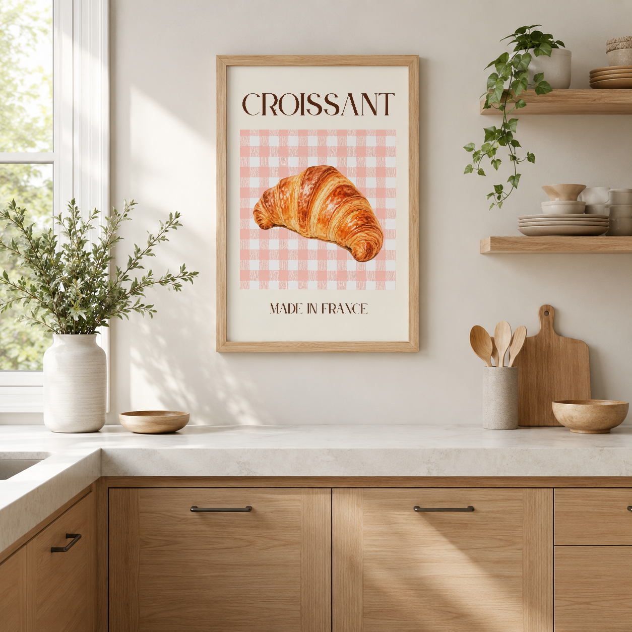 Altın sarısı croissant ve pembe kareli desen ile Fransız pastane sanatını kutlayan şık duvar tablosu.