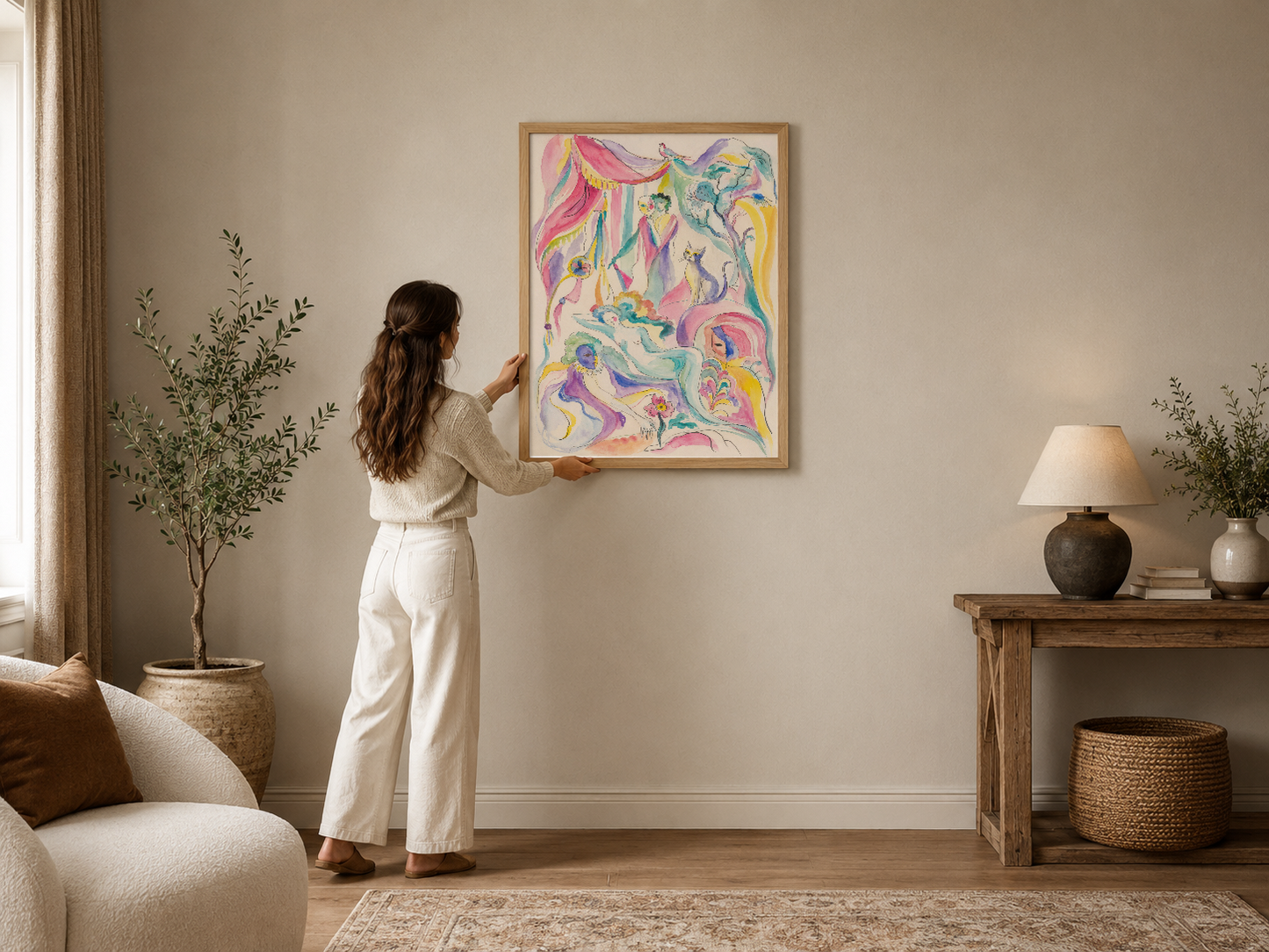Renkli soyut figürler ve akıcı çizgilerle dolu, canlı sanat eseri modern bir oturma odasını baştan aşağı canlandırıyor.