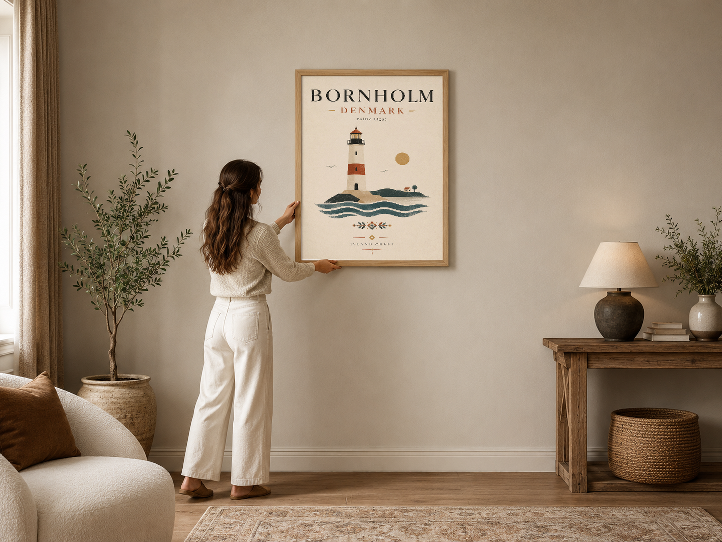 Bornholm fenerini ve deniz dalgalarını tasvir eden minimalist tasarım, doğal ışık alan modern oturma odasında.