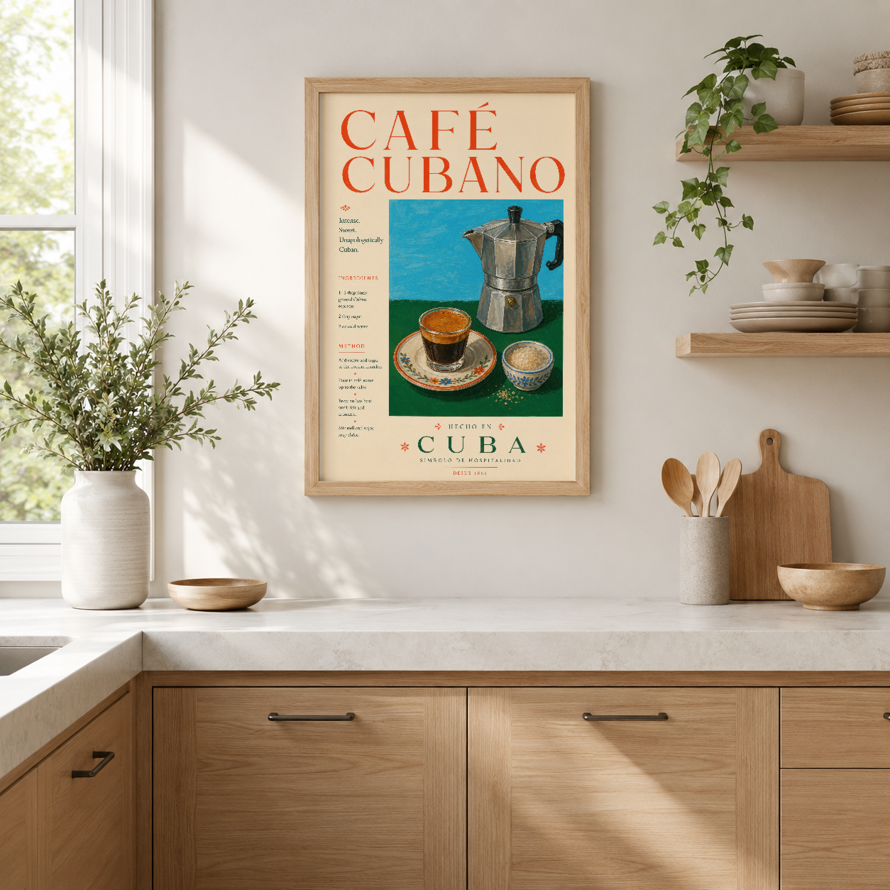 Kübalı kahve kültürünü vintage poster stilinde sunan, moka pot ve fincan görselli dekoratif duvar tablosu.