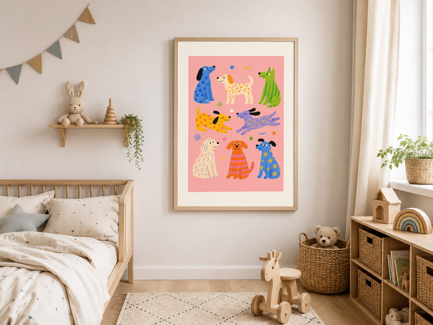 Renkli köpek desenli pembe poster, çocuk odasının ahşap çerçeveli duvar dekorasyonu.