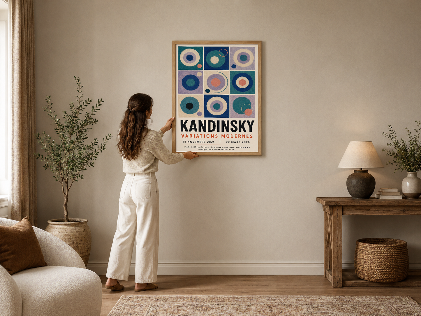Kandinsky Variations Modernes sergisi posteri, soyut geometrik daireler deseniyle modern oturma alanında ahşap çerçevede.