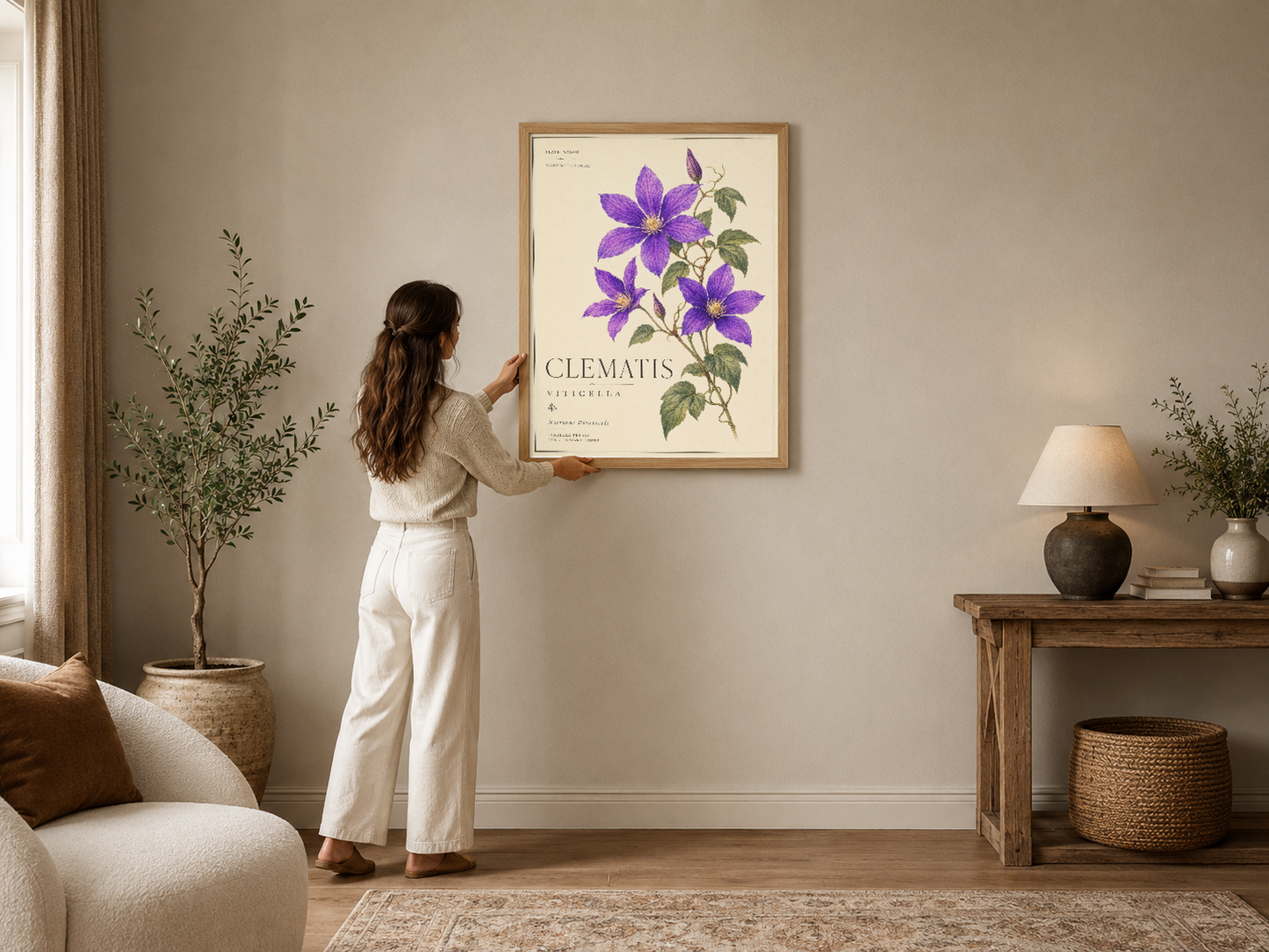 Botanik tarzı clematis çiçek tablosu, ahşap çerçeveli, modern oturma odasında zarif dekorasyon.
