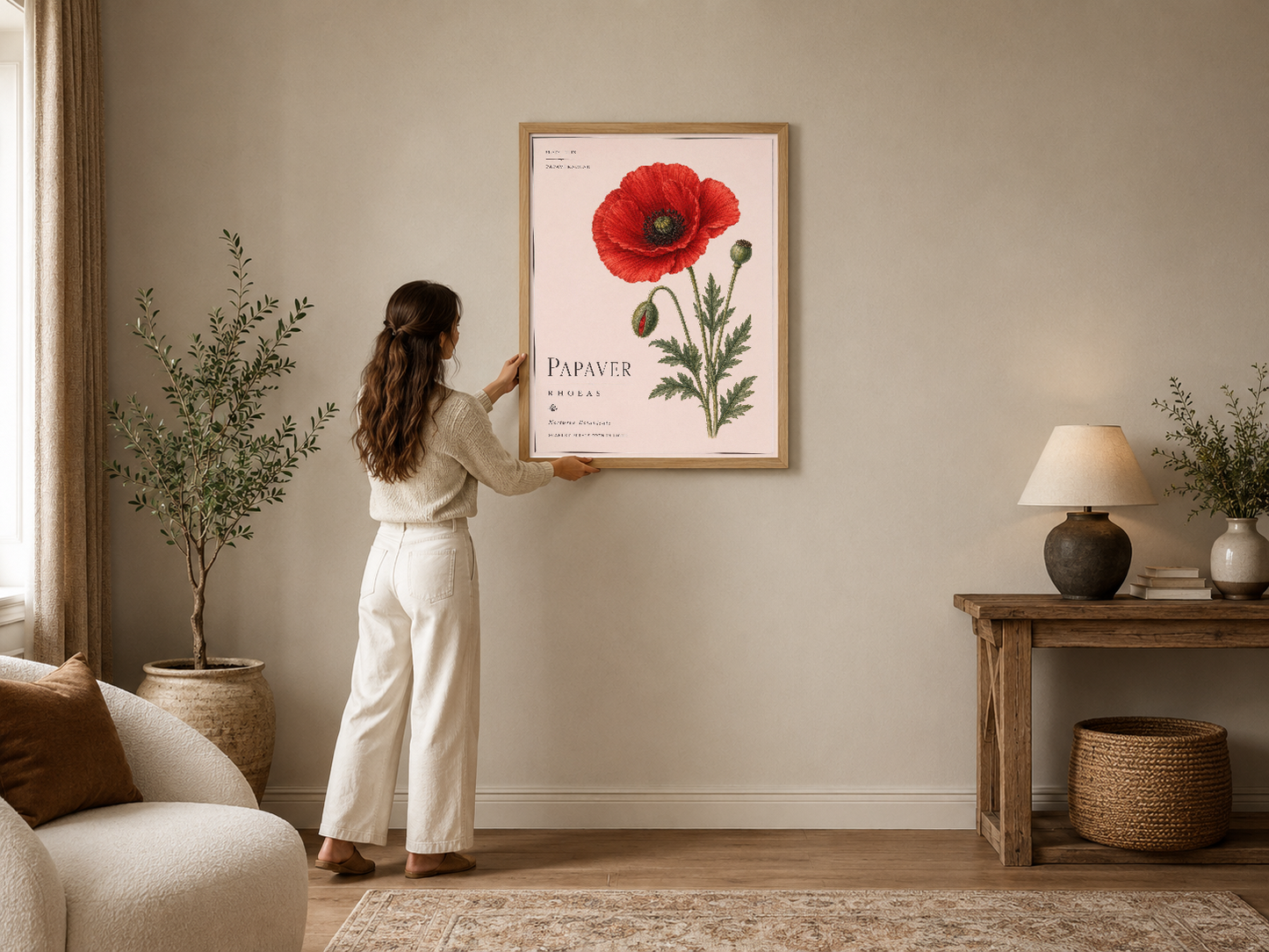 Botanik tarzında kırmızı haşhaş çiçeği ve latin yazılı zarif poster, çerçeveli.